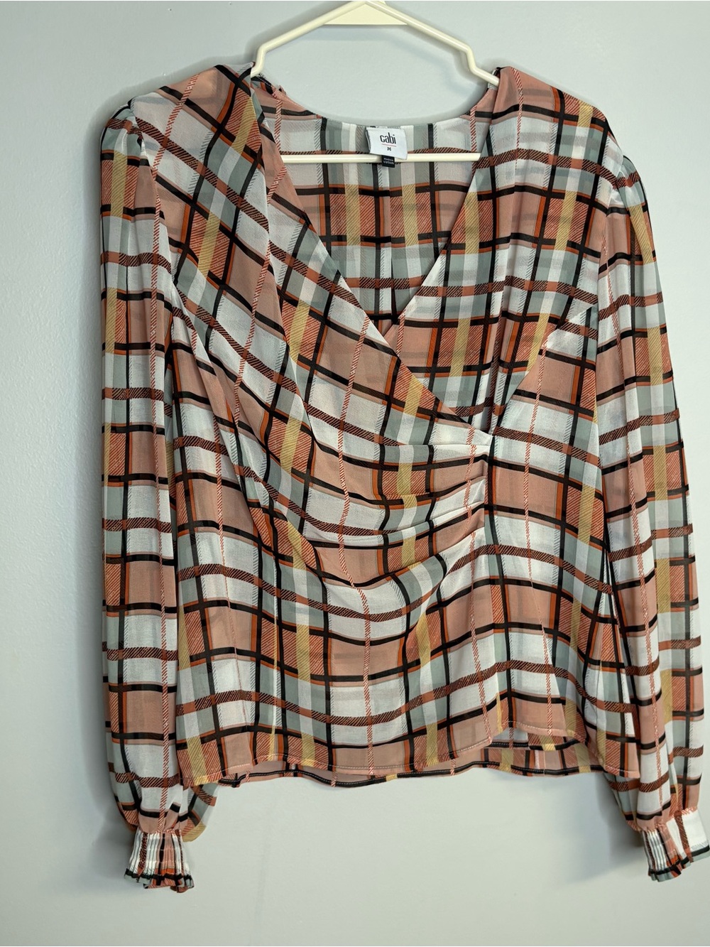 Cabi Rust Plaid Draped V-Neck Blouse - Rust/White